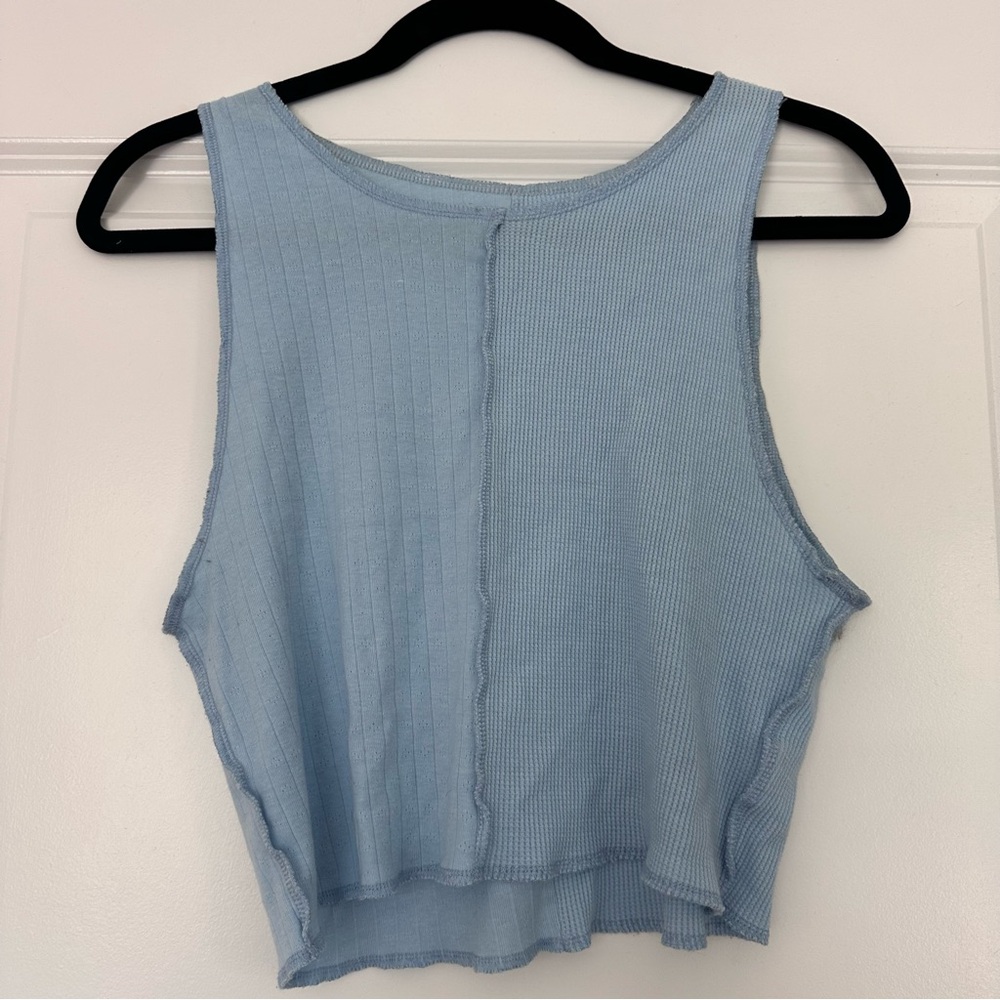 American Eagle (XL) Blue Cropped Crew Waffle / Pointelle Split Texture Tank Top